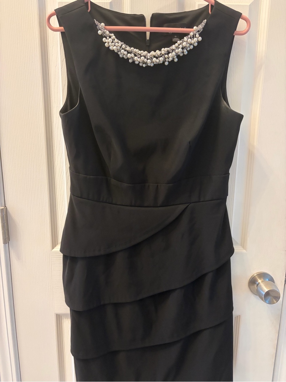 Black Sleeveless Cocktail Dress Size 10 Pearl & Rhinestone Embellished Tiered